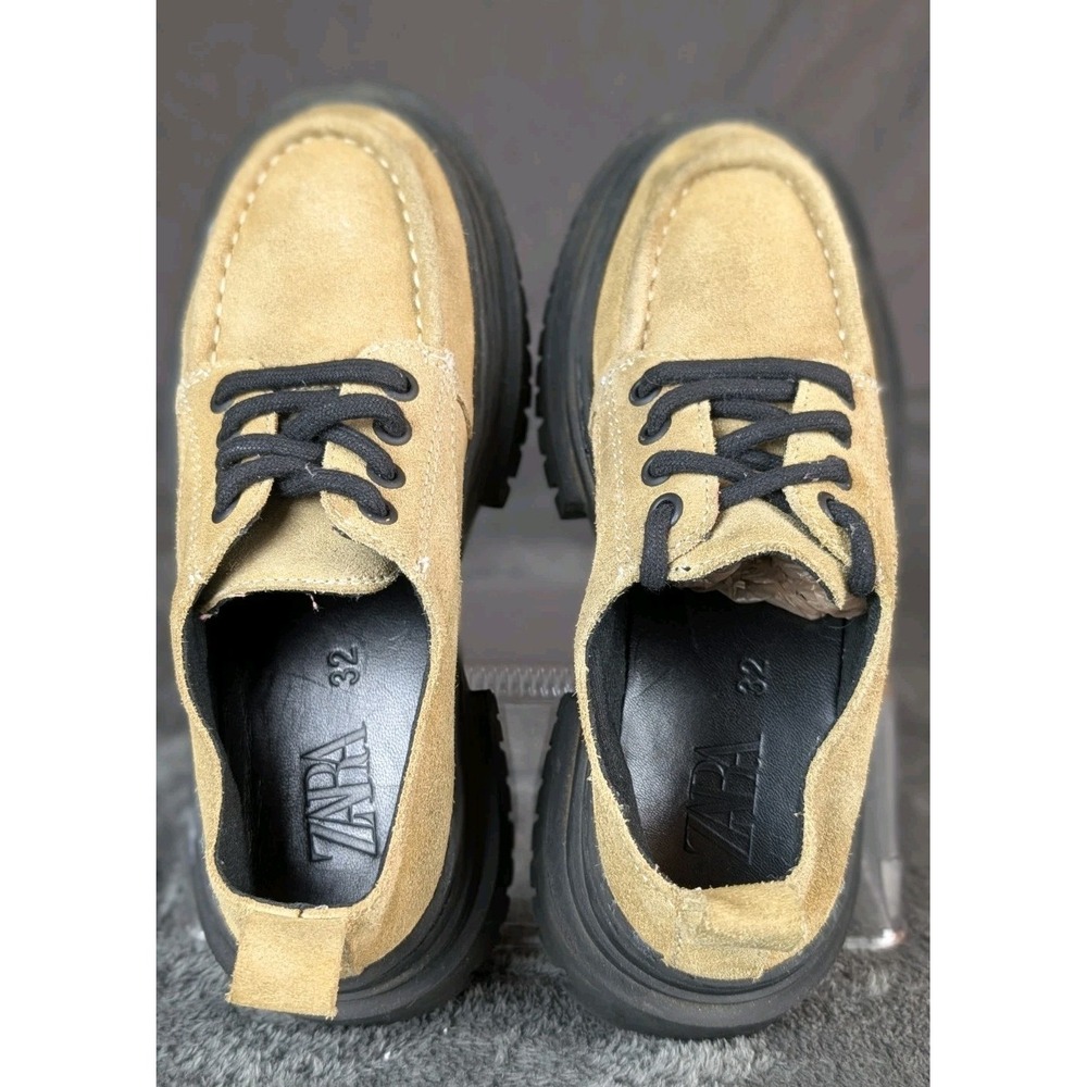 Zara Kids Beige Suede‎ Chunky Loafers Lug Sole Lace Up Moccasins Size EU 32 US 1 - Picture 2 of 6